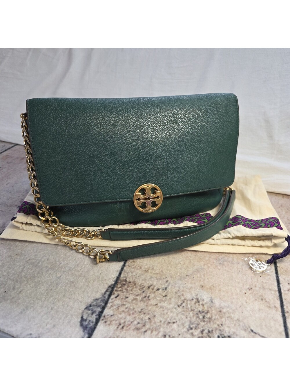 Tory Burch Chelsea Convertible Shoulder Bag Green Leather Gold Chain Crossbody